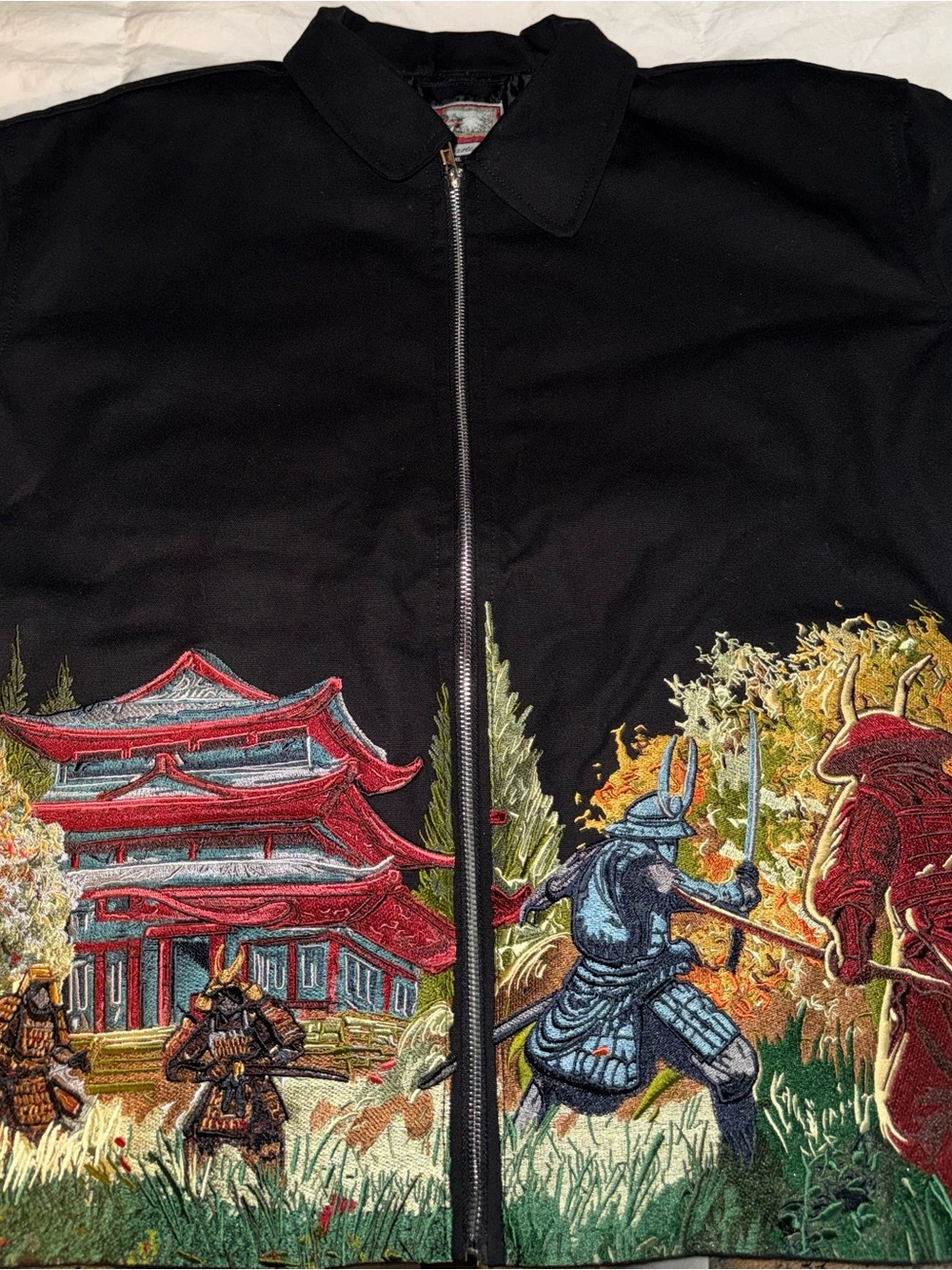 Black Embroidered Samurai Zip Bomber Jacket